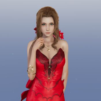 1girl 3d aerith_gainsborough armlet bare_shoulders breasts brown_hair dress final_fantasy final_fantasy_vii final_fantasy_vii_remake flower gradient_background green_eyes hair_flower hair_ornament highres jewelry medium_breasts necklace official_alternate_costume parted_bangs red_dress sidelocks sleeveless sleeveless_dress solo square_enix strapless strapless_dress upper_body wall_market