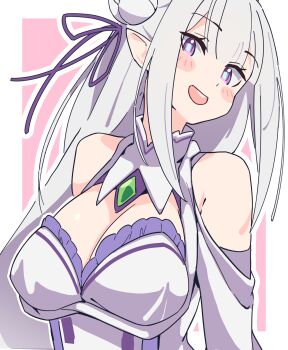 1girl :d bare_shoulders blush_stickers breasts commentary double-parted_bangs emilia_(re:zero) flower hair_flower hair_ornament hair_ribbon highres large_breasts long_hair looking_at_viewer noyama_takenoko open_mouth outline pointy_ears purple_eyes purple_ribbon re:zero_kara_hajimeru_isekai_seikatsu ribbon round_teeth simple_background smile solo teeth upper_body upper_teeth_only white_hair white_outline