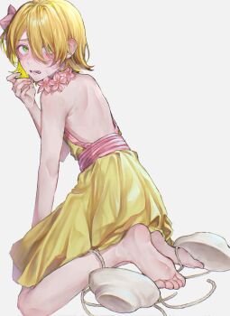 1boy armpit_crease back backless_dress backless_outfit bare_shoulders barefoot blonde_hair blush bow commentary_request dedec_o dr._stone dress embarrassed feet flower from_side full_body ginro_(dr._stone) green_eyes hair_bow hair_over_one_eye hand_up highres looking_at_viewer looking_back male_focus medium_hair open_mouth pink_bow pink_flower seiza simple_background sitting sleeveless sleeveless_dress soles solo sweatdrop toenails toes trap white_background yellow_dress