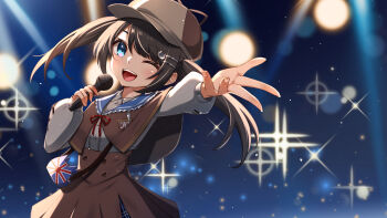 1girl ;d bag blue_background blue_eyes brown_capelet brown_hair brown_hat brown_skirt capelet commentary_request cowboy_shot hair_ornament hairclip hand_up hat highres holding holding_microphone indie_virtual_youtuber kamiya_miya long_hair long_sleeves looking_at_viewer microphone one_eye_closed open_mouth outstretched_arm quasar631 shirt shoulder_bag sidelocks skirt smile solo teeth twintails union_jack upper_teeth_only virtual_youtuber white_shirt