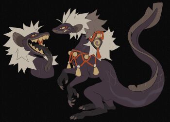 black_skin chimera claws colored_skin commentary dragon eel english_commentary fangs fins full_body grey_fur highres monster multicolored_skin multiple_views neck_tassel no_humans open_mouth original portrait purple_skin rope scales simple_background sorochii tassel tongue tongue_out two-tone_skin white_fur