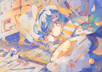 1girl absurdres artist_logo bedroom blunt_bangs bow cellphone color_contrast drawing_tablet electric_plug eyes_visible_through_hair hair_bow hair_intakes hair_over_one_eye hair_spread_out hand_up highres indoors large_bow light_frown logo looking_ahead lying minase_bei on_side orange_eyes original parted_bangs phone pillow screen side_part smartphone solo stuffed_animal stuffed_toy stylus tablet_pc under_covers