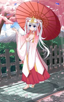 Rule 34 | 1girl, :d, ^ ^, animated, animated gif, barefoot, blinking, blue butterfly, blue eyes, blush, breasts, bug, butterfly, butterfly on hand, cherry blossoms, chinese commentary, cleavage, closed eyes, closed mouth, collarbone, commentary request, dappled sunlight, day, detached collar, facing viewer, falling petals, flower, full body, gradient clothes, gradient kimono, hair between eyes, hair flower, hair ornament, hakama, hand up, hands up, happy, highres, holding, holding umbrella, japanese clothes, kimono, large breasts, light rays, long hair, long sleeves, looking at animal, looking at viewer, miko, mountainous horizon, nontraditional miko, oil-paper umbrella, open mouth, outdoors, petals, pink flower, pink kimono, pixel art, red hakama, red umbrella, ribbon-trimmed sleeves, ribbon trim, senren banka, smile, solo, split mouth, spring (season), standing, sunbeam, sunlight, tiara, toes, tomotake yoshino, twintails, umbrella, user vzft2578, very long hair, white hair, white kimono, wide sleeves