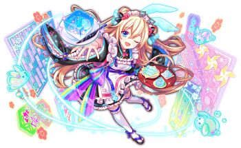 1girl alternate_costume alternate_hair_ornament animal_ears ankle_ribbon apron artist_request black_bow black_kimono black_sandals black_sleeves blue_bow blue_eyes blue_outline blue_ribbon blush bow breasts cel_shading choker crash_fever fake_animal_ears floral_print floral_print_kimono floral_print_sleeves flower flower_ornament fork frilled_apron frills full_body game_cg gathers hair_between_eyes hair_bow hair_flower hair_ornament half_updo holding holding_plate ice ice_cube japanese_clothes kimono kimono_dress knife lace lace-trimmed_thighhighs lace_trim leg_ribbon light_particles long_hair long_sleeves looking_at_viewer medium_breasts mobius_(crash_fever) number_print numbered official_alternate_costume official_alternate_hair_ornament official_art okobo one_eye_closed open_mouth outline outstretched_arm outstretched_hand parted_lips pink_choker pink_flower plate platform_sandals print_kimono rabbit_ears red_flower red_outline ribbon ribbon-trimmed_apron ribbon_trim sandals see-through_hair_ornament see-through_ribbon sleeve_bow smile snow_rabbit solo square square_print tabi tachi-e thighhighs transparent_background two_side_up very_long_hair waitress white_apron white_headdress white_thighhighs wide_sleeves