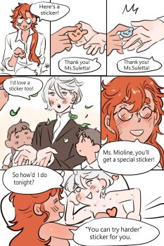 2girls aftersex bed blush english_text glasses grey_eyes gundam gundam_suisei_no_majo heart highres jewelry milfcookiesimp miorine_rembran multiple_girls nude pillow_talk red_hair ring sequential smile speech_bubble stickers suletta_mercury sweat wedding_ring white_hair wife_and_wife yuri