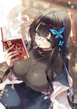 1girl absurdres artist_request black_hair black_pants blue_butterfly blue_eyes blue_nails blunt_bangs book breasts bright_pupils bug butterfly butterfly_hair_ornament cigarette commission glasses grey_shirt hair_ornament highres holding holding_book huge_breasts insect jacket light_rays long_hair long_sleeves looking_at_viewer off_shoulder open_book original pants shirt smoking snake solo sunlight torn_clothes torn_pants white_jacket