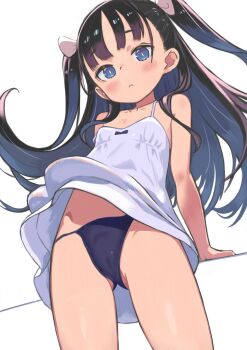 1girl black_hair blue_eyes blush breasts dress from_below gluteal_fold highres long_hair monomono original petite simple_background small_breasts sundress thong unfinished upskirt white_background