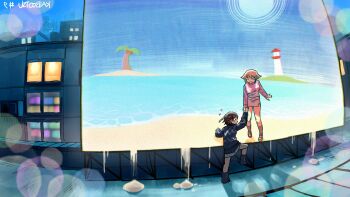 2girls :d artist_name black_boots black_skirt black_sweater blonde_hair boots brown_hair brown_shoes brown_socks closed_eyes crossover flying_sweatdrops hair_flaps highres in-universe_location kaibootsu kneehighs lighthouse loafers long_sleeves miniskirt multiple_girls ocean open_mouth outdoors pencil_skirt pink_skirt pink_sweater_vest plaid_clothes plaid_sweater_vest plaid_vest purple_sweater sand screen shoes short_hair skirt smile socks sunlight sweater sweater_vest urotsuki vest water wormiko yume_2kki yume_tsushin