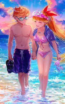 Rule 34 | 1boy, 1girl, absurdres, aged up, aitommylove, beach, bikini, black male swimwear, blossom (ppg), blue eyes, breasts, cartoon network, closed eyes, collarbone, dexter's laboratory, dexter (dexter's laboratory), front-tie bikini top, front-tie top, glasses, hair ribbon, highres, holding, holding footwear, holding sandals, holding shoes, holding unworn clothes, hood, hooded jacket, jacket, jewelry, long hair, male swimwear, midriff, navel, necklace, nipples, ocean, open mouth, orange hair, pink bikini, powerpuff girls, purple jacket, red ribbon, ribbon, sandals, shoes, signature, small breasts, smile, stomach, sunset, swimsuit, topless male, unworn shoes, visor cap, wading