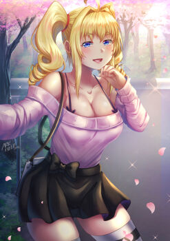 1girl ahoge arkfield bag black_bow black_skirt blonde_hair blue_eyes blush bow bra_strap breasts cherry_blossoms cleavage collarbone commission cowboy_shot dating diffraction_spikes drill_hair hand_up handbag high_school_dxd highres jewelry large_breasts leaning_forward long_hair looking_at_viewer necklace off-shoulder_sweater off_shoulder open_mouth outdoors park petals pink_sweater ravel_phenex reaching reaching_towards_viewer short_eyebrows sidelocks signature skirt smile sweater sweater_tucked_in thighhighs twin_drills zettai_ryouiki