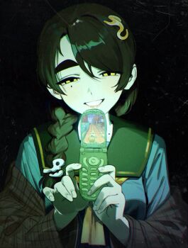 Rule 34 | 1girl, akiaji margo (character), braid, cellphone, collarbone, flip phone, highres, holding, holding phone, indie virtual youtuber, looking at viewer, mole, mole on collarbone, mole under eye, neckerchief, phone, school uniform, side braid, single braid, smile, solo, subway surfers, teeth, thernz, thick eyebrows, virtual youtuber, yellow eyes, yellow neckerchief