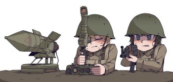2girls 9m14_malyutka aiming akm anti-tank_guided_missile anti-tank_missile assault_rifle blonde_hair blue_eyes brown_hair brown_jacket combat_helmet controller gun helmet highres jacket joystick kalashnikov_rifle karepack licking_lips military_combat_uniform military_uniform missile multiple_girls nervous_sweating original periscope rifle simple_background soviet soviet_army sweat tongue tongue_out weapon