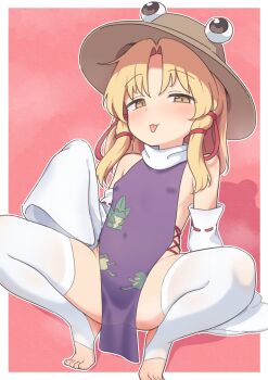 1girl :p absurdres adapted_costume animal_print blonde_hair blush border breasts covered_erect_nipples covered_navel detached_sleeves dress eye_on_hat feet female_focus frog_print hair_ribbon half-closed_eyes hat highres loli long_hair long_sleeves looking_at_viewer medium_hair moriya_suwako naked_tabard no_panties no_shoes parted_bangs pelvic_curtain purple_dress red_ribbon ribbon ribbon-trimmed_sleeves ribbon_trim samukaze sidelocks sleeves_past_fingers sleeves_past_wrists small_breasts solo spread_legs squatting stirrup_legwear tabard thighhighs thighs tiptoes toeless_legwear toeless_thighhighs toes tongue tongue_out touhou white_sleeves white_thighhighs wide_sleeves yellow_eyes