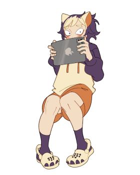 1girl absurdres androgynous animal_ears blonde_hair blush covering_own_mouth crocs embarrassed english_text eyeshadow full_body furrowed_brow gen_4_pokemon hands_up highres holding holding_tablet_pc hood hood_down hoodie invisible_chair ipad itslyssalala knees_together_feet_apart makeup messy_hair nintendo orange_eyeshadow orange_shorts personification pokemon purple_hair purple_hood purple_hoodie purple_socks short_hair shorts simple_background sitting socks solo stunky tablet_pc white_background wide-eyed yellow_hoodie