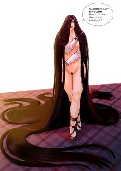 1girl absurdly_long_hair absurdres bayonetta bayonetta_(series) bayonetta_1 black-framed_eyewear black_hair breasts commentary_request completely_nude elbow_gloves female_pubic_hair gloves hair_over_one_eye hair_over_shoulder hair_spread_out high_heels highres long_hair mole mole_under_mouth nude pubic_hair rebirthkamisennin red_lips solo translated very_long_hair white_background white_gloves