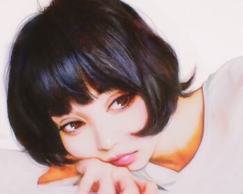 1girl black_hair bob_cut brown_eyes close-up facing_viewer highres ilya_kuvshinov lips lying original realistic shirt short_hair solo white_shirt