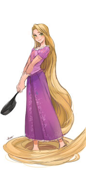 Rule 34 | 1girl, absurdly long hair, ano (sbee), artist name, blonde hair, disney, dress, female focus, frying pan, green eyes, happy, long hair, long sleeves, looking away, puffy sleeves, purple dress, rapunzel (disney), simple background, smile, solo, standing, tangled, very long hair, white background