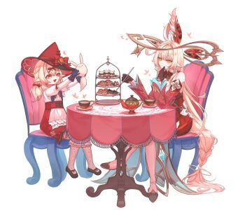 2girls :d ahoge alice_(genshin_impact) bare_shoulders black_gloves black_shoes blonde_hair bow brown_gloves chair closed_mouth commentary cup detached_sleeves dodoco_(genshin_impact) english_commentary finger_to_mouth genshin_impact gloves hair_between_eyes hair_bow hands_up hat high-waist_skirt highres holding klee_(blossoming_starlight)_(genshin_impact) klee_(genshin_impact) long_hair long_sleeves mary_janes mother_and_daughter multiple_girls open_mouth pointy_ears red_bow red_eyes red_hat red_skirt red_sleeves saucer shirt shoes simple_background sitting skirt smile table teacup teapot tiered_tray very_long_hair white_background white_shirt witch_hat yuseol_art