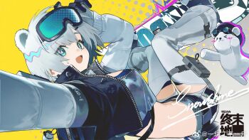 1girl animal_ears arknights arknights:_endfield aurora_(arknights) bean_sprouts_(6651003) bear bear_ears bear_girl black_gloves blue_eyes chinese_commentary coat commentary_request crop_top gloves goggles goggles_on_head highres logo looking_at_viewer official_art open_clothes open_coat short_hair snowshine_(arknights) solo white_hair yellow_background