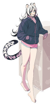 1girl ahoge animal_ears black_hair black_nails blue_eyes blue_trim commentary english_commentary fangs grey_hoodie hand_in_pocket highres hood hoodie leaning_on_object long_hair long_sleeves looking_at_viewer multicolored_hair open_mouth original oversized_clothes parted_lips pink_shorts pink_trim presenting_legs roarke_(lavenderincubus) short_shorts shorts signature simple_background sleeves_past_wrists smile solo standing streaked_hair tail tiger tiger_ears tiger_girl tiger_tail white_background white_hair white_tiger