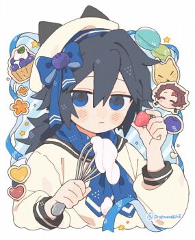 2boys arm_up beret black_hair blue_bow blue_eyes blue_ribbon blue_sailor_collar blueberry_hair_ornament blush_stickers bow brown_hair closed_eyes closed_mouth commentary_request cream cropped_torso cupcake dot_nose double-parted_bangs earrings food food-themed_hair_ornament frown fruit hair_between_eyes hair_bow hair_ornament hat heart holding holding_food holding_fruit holding_whisk jewelry kamado_tanjirou kimetsu_no_yaiba male_focus multiple_boys piercing pmpmmochi ponytail ribbon sailor_collar solo_focus strawberry tomioka_giyuu twitter_username whisk white_background white_hat