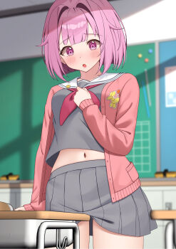 1girl :o blunt_ends blurry blurry_background blush breasts cardigan chalkboard charl2837 classroom commentary_request cowboy_shot crop_top cropped_shirt crotch_rub day depth_of_field desk double-parted_bangs female_masturbation grey_serafuku grey_shirt grey_skirt hair_intakes hand_on_own_chest hand_up highres indoors masturbation medium_breasts midriff miniskirt navel neckerchief ootori_emu open_cardigan open_clothes pink_cardigan pink_eyes pink_hair pleated_skirt project_sekai red_neckerchief sailor_collar school_desk school_uniform serafuku shirt short_hair skirt solo standing straight_hair table_humping unbuttoned white_sailor_collar window_shadow