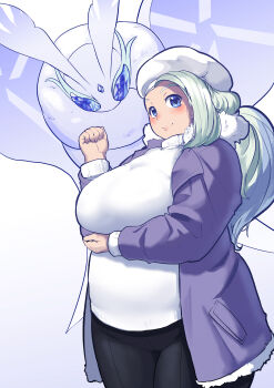 1girl absurdres alternate_costume black_pants blue_eyes breasts bug coat commentary fat fat_woman frosmoth fur-trimmed_coat fur_hat fur_trim gen_8_pokemon hat highres insect jewelry large_breasts long_hair mature_female melony_(pokemon) moth nintendo pants pokemon pokemon_(creature) pokemon_swsh purple_coat ring shirt smile tajyador ushanka wedding_ring white_hat white_shirt