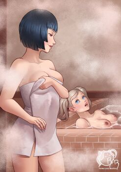 Rule 34 | 2girls, bathhouse, black hair, blonde hair, blue eyes, bob cut, breasts, highres, indoors, medium breasts, multiple girls, partially submerged, persona, persona 5, razillon, standing, steam, surprised, takamaki anne, takemi tae, twintails, water