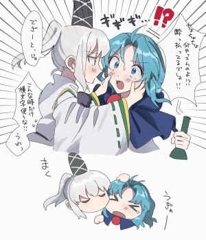 !? >_< 2girls blue_capelet blue_eyes blue_hair blush bottle capelet closed_eyes commentary eye_contact grey_hair hands_on_another's_cheeks hands_on_another's_face hat headpat highres holding holding_bottle japanese_clothes kariginu kumoi_ichirin long_sleeves looking_at_another mononobe_no_futo multiple_girls open_mouth pom_pom_(clothes) ponytail ribbon-trimmed_sleeves ribbon_trim simple_background speech_bubble sweatdrop tate_eboshi touhou translation_request uehara_suiyo white_background wide_sleeves yuri