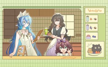 37_(naisnow)_(reverse:1999) 37_(reverse:1999) 3girls ahoge bagel beret black_vest blue_eyes blue_hair blueberry border bow brown_hair carbuncle_(reverse:1999) clipboard coconut cup disposable_cup flutterpage food fruit grapes green_border grid_border grin hair_between_eyes hair_bow hair_ornament hand_up hat highres holding holding_clipboard holding_plate long_hair looking_at_viewer marcus_(naisnow)_(reverse:1999) marcus_(reverse:1999) multiple_girls official_alternate_costume plate puffy_short_sleeves puffy_sleeves purple_bow purple_skirt reverse:1999 sandwich_board shirt short_hair short_sleeves shuoyaori_xianding skirt sleeveless sleeveless_shirt smile upper_body very_long_hair vest watermelon watermelon_slice white_hat white_shirt