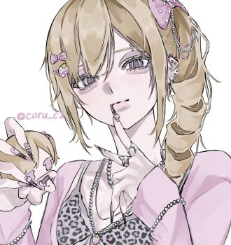 1girl aegyo_sal animal_print bead_bracelet bead_necklace beads blonde_hair bow bracelet camisole caru_c1 closed_mouth commentary drill_hair ear_piercing eyebrow_piercing face_piercing fingernails gyaru hair_bow hair_ornament hairclip hand_up highres holding holding_stuffed_toy jacket jewelry leopard_print necklace open_clothes open_jacket original piercing pink_bow pink_eyes pink_jacket sharp_fingernails side_drill simple_background smile solo stuffed_animal stuffed_toy symbol-only_commentary upper_body v white_background