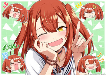 1girl :d anger_vein beads black_choker blush choker fox_shadow_puppet hand_on_own_face heart highres musical_note nadaka_harutsugu neckerchief one_eye_closed open_mouth red_hair red_neckerchief school_uniform serafuku smile sweat watashi_wo_tabetai_hitodenashi white_serafuku yashiro_miko