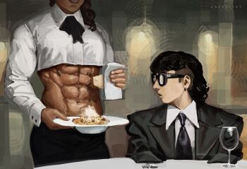 1girl 1other abs absurdres cheese cowboy_shot crop_top cropped_shirt cup drinking_glass food fork formal_clothes glasses grated_cheese grating_(action) grin highres medium_hair mullet muscular muscular_female navel original pasta restaurant smile spaghetti spoon suit tan waitress wine_glass zarzaliel