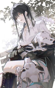 1girl animal animal_on_lap bench black_boots black_gloves black_jacket blurry blurry_background boots branch chinese_commentary collarbone collared_shirt commentary dalmatian dog dress_shirt earrings feet_out_of_frame gloves hair_between_eyes highres holding holding_animal jacket jewelry knee_boots leaf long_hair looking_at_viewer looking_down necklace off_shoulder official_alternate_costume on_lap outdoors parted_lips path_to_nowhere ponytail rahu_(path_to_nowhere) scar scar_across_eye scar_on_face shirt sia_di_gou silver_earrings silver_necklace sitting solo tree white_eyes white_shirt