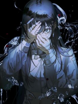 1girl absurdres artist_collaboration black_background black_eyes black_hair commentary english_commentary hair_ornament hands_on_own_face highres indie_utaite jacket john_kafka long_hair long_sleeves looking_at_viewer midriff navel official_art sidelocks solo textless_version upper_body utaite vanta_(utaite) white_jacket zuiyo_sonata