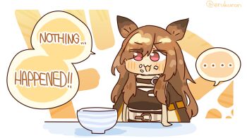 Rule 34 | 1girl, animal ears, arknights, belt, bowl, brown hair, brown shirt, ceobe (arknights), collar, dog ears, english text, food, food on face, highres, lcron, long hair, red eyes, shirt, solo, speech bubble, torso