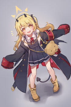 1girl :d absurdres animal_bag armband black_coat black_dress black_horns black_tail black_wings blonde_hair bloomers blue_archive boots coat collared_shirt commentary crime_prevention_buzzer demon_girl demon_horns demon_tail demon_wings dress full_body grey_background halo highres horns ibuki_(blue_archive) long_hair long_sleeves miya_(miyaruta) neck_ribbon open_mouth pinafore_dress pleated_dress red_armband red_ribbon ribbon romaji_commentary shirt short_dress side_ponytail simple_background sketch sleeveless sleeveless_dress sleeves_past_fingers sleeves_past_wrists smile solo standing tail teeth underwear upper_teeth_only white_bloomers white_shirt wings yellow_boots yellow_eyes yellow_halo