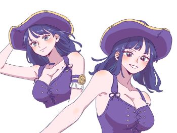 1girl black_hair blue_eyes blush breasts cleavage_cutout clothing_cutout hat highres large_breasts medium_hair nico_robin one_piece rnolmol smile solo upper_body