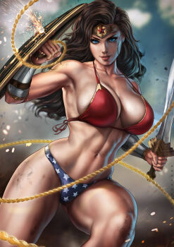 1girl abs absurdly_long_hair absurdres alternate_costume american_flag_cloak bare_shoulders bikini black_hair blue_eyes blue_panties blush breasts brown_hair circlet dandon_fuga dc_comics dc_extended_universe debris deflect diana_prince female_focus highres holding holding_shield holding_sword holding_weapon large_breasts lasso lasso_of_truth leg_up long_hair looking_at_viewer md5_mismatch mismatched_bikini muscular muscular_female navel open_mouth panties parted_lips print_bikini red_bikini resolution_mismatch shield shorts sideboob skindentation smile solo source_smaller sparks standing star_print star_print_bikini superhero_costume swimsuit sword thick_thighs thighs underwear very_long_hair weapon wonder_woman wonder_woman_(series)