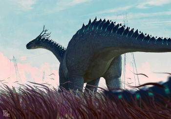 antlers blue_sky commentary_request day dinosaur grass horns monster monster_focus no_humans original outdoors sky toy(e) transmission_tower