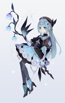 1girl :< absurdres ankle_boots ankle_socks arm_at_side belt beret black_belt black_flower black_hat black_neckerchief black_pantyhose black_shirt blue_hair blunt_bangs boots braid bright_pupils bubble_skirt buttons closed_mouth commentary_request commission double-breasted elbow_gloves eyes_visible_through_hair flat_chest floating flower frilled_shirt frilled_skirt frilled_sleeves frills full_body gloves green_eyes grey_background grey_socks hair_flower hair_intakes hair_ornament half_up_braid hand_up hat high_heel_boots high_heels highres holding holding_staff knees_together_feet_apart lily_of_the_valley long_hair miniskirt n._(plaw_01) neckerchief original pantyhose puffy_short_sleeves puffy_sleeves raised_eyebrows sailor_collar shirt shoe_soles short_sleeves sidelocks simple_background skeb_commission skirt socks socks_over_pantyhose solo sparkle_background staff striped_clothes striped_pantyhose vertical-striped_clothes vertical-striped_pantyhose very_long_hair white_boots white_flower white_gloves white_sailor_collar white_skirt