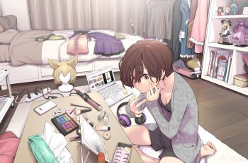 1girl absurdres alice_margatroid artist_self-insert barefoot bat_wings bed belt black_shorts blonde_hair blouse book bow breasts brown_eyes brown_hair cleavage closed_mouth computer concentrating contact_lens cosplay crescent crescent_hat_ornament curling_iron curtains earmuffs_removed fake_eyelashes fake_tail figure fox_tail fujiwara_no_mokou gohei google hair_bow hairband hakurei_reimu hat hat_ornament highres holding holding_stick horikawa_raiko houraisan_kaguya indoors izayoi_sakuya kawayabug kirisame_marisa kochiya_sanae laptop makeup makeup_brush medium_breasts mirror new_mask_of_hope original pants patchouli_knowledge pillow pink_shirt pointy_hair power_bank purple_skirt putting_in_contact_lens red_bow red_hairband red_pants remilia_scarlet rug shirt short_hair shorts sitting skirt sleeveless sleeveless_shirt solo stick sword tail ten_desires tissue_box toes touhou toyosatomimi_no_miko unworn_bracelet wariza weapon wig wings witch_hat yakumo_ran