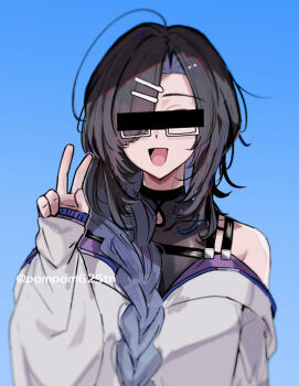 1boy :d black_hair braid censored censored_identity colored_inner_hair glasses highres imamiya_pinoko long_hair multicolored_hair open_mouth original simple_background smile solo trap two-tone_hair v
