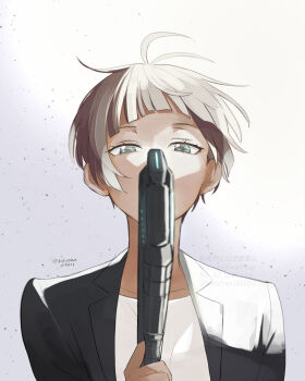 1girl aqua_eyes black_jacket brown_eyes brown_hair covered_mouth debris dominator_(gun) ememo103 finger_on_trigger floating_hair green_eyes grey_background hand_up highres holding holding_weapon jacket looking_at_viewer portrait psycho-pass shirt short_hair solo straight-on suit_jacket tsunemori_akane upper_body weapon white_shirt