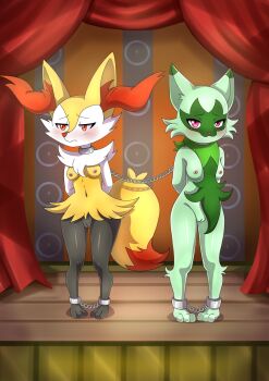 barefoot bdsm bondage bound braixen breasts cleft_of_venus coffle colored_skin completely_nude floragato furry gen_6_pokemon green_skin highres nintendo nipples nude pokemon slave small_breasts the_dark_mangaka two-tone_fur wooden_floor