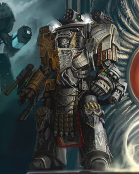 1boy absurdres alternate_universe armor caution_tape gatling_gun highres iron_warriors kim_chan laser laser_pointer_projection light_persona male_focus minigun pelvic_curtain perturabo power_armor primarch roman_numeral solo terminator_armor titan_(warhammer_40k) warhammer_40k