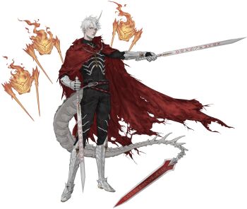 1boy armor cape closed_mouth digimon eve7d6 full_body gauntlets gloves greaves highres holding holding_weapon humanization jesmon knight looking_at_viewer male_focus plate_armor red_cape simple_background solo weapon white_background