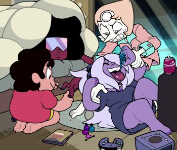 1boy 3girls afro alternate_costume amethyst_(steven_universe) casual child colored_skin cosmetics discount-supervillain forehead_jewel frown garnet_(steven_universe) gem multiple_girls nail_polish nail_polish_bottle pearl_(species)_(steven_universe) pearl_(steven_universe) pointy_nose shirt short_hair sleepover smile steven_quartz_universe steven_universe t-shirt teeth white_skin