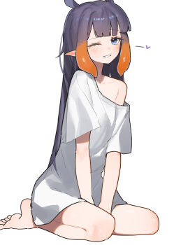 1girl ;d absurdres barefoot between_legs blunt_bangs center-flap_bangs chocosong commentary_request full_body gradient_hair grin hand_between_legs highres hololive hololive_english long_hair multicolored_hair ninomae_ina'nis no_pants one_eye_closed open_mouth orange_hair pointy_ears purple_hair seiza shirt short_sleeves sidelocks simple_background single_bare_shoulder single_off_shoulder sitting smile solo straight_hair t-shirt tentacle_hair toes very_long_hair virtual_youtuber white_background