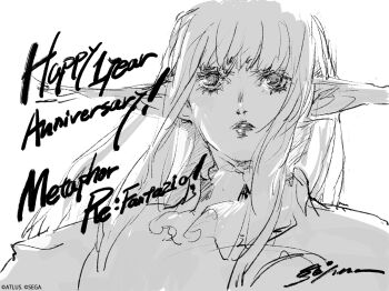 Rule 34 | 1girl, anniversary, artist name, ascot, atlus, blunt bangs, celebration, coat, copyright name, hulkenberg (metaphor: refantazio), lips, long hair, looking up, metaphor: refantazio, milestone celebration, monochrome, official art, parted lips, pointy ears, second-party source, sega, simple background, soejima shigenori, solo, very long hair, white background